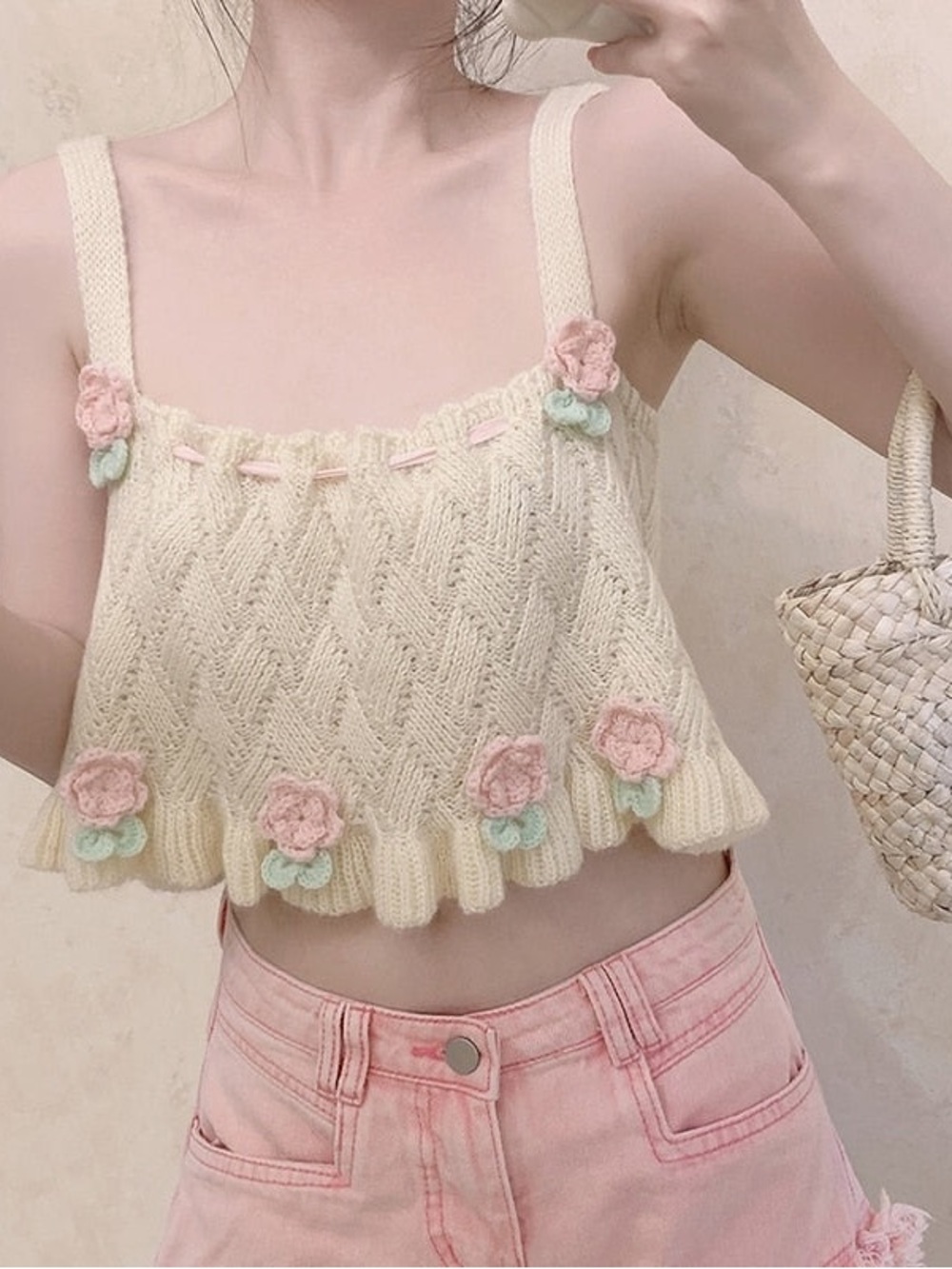 Knit Tulip Fairy Crop Top Coquette Kawaii Babe Sweet Girl Cottage Loose Knit Med